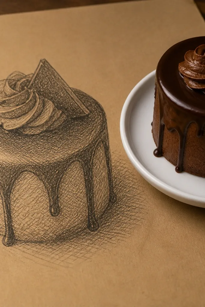 Cake sketch with crosshatch shading on the frosting and sides