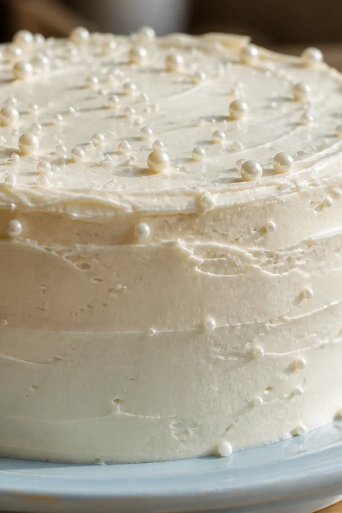 Cake with small pearl-like sugar dots on the top frosting