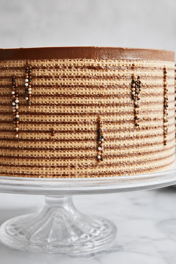 Cake with wafer-like horizontal pattern strips on the sides