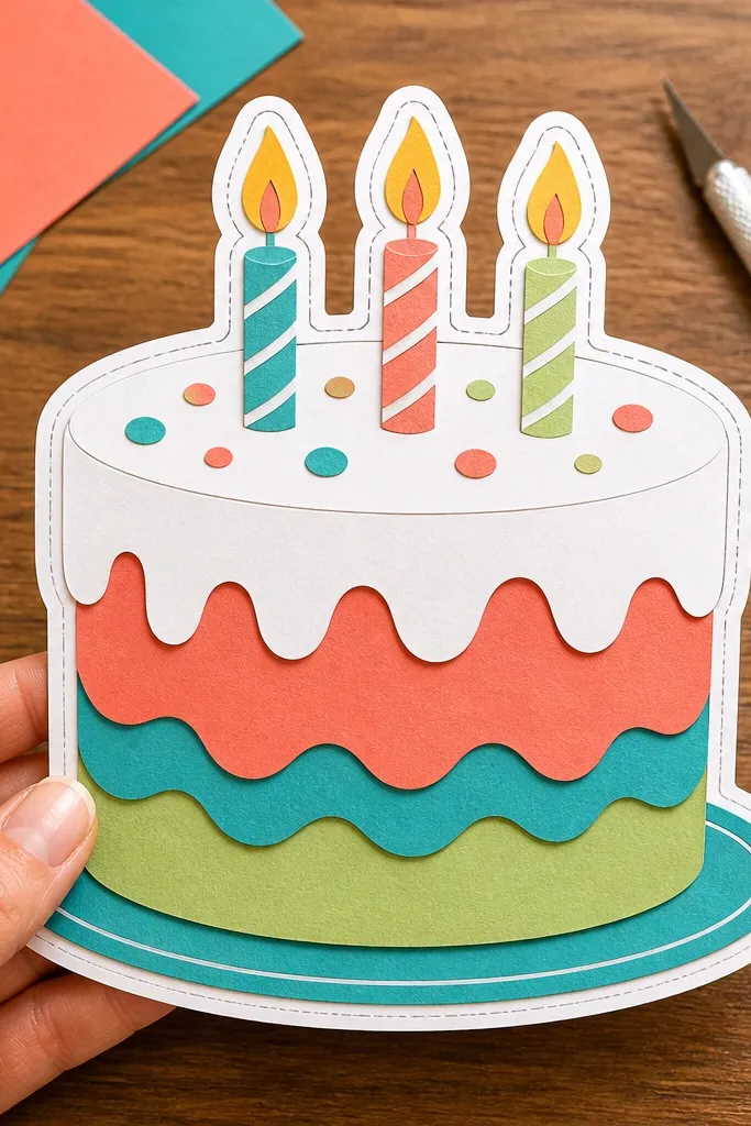 Bold outlined cake with cut-paper style edges and minimal shading