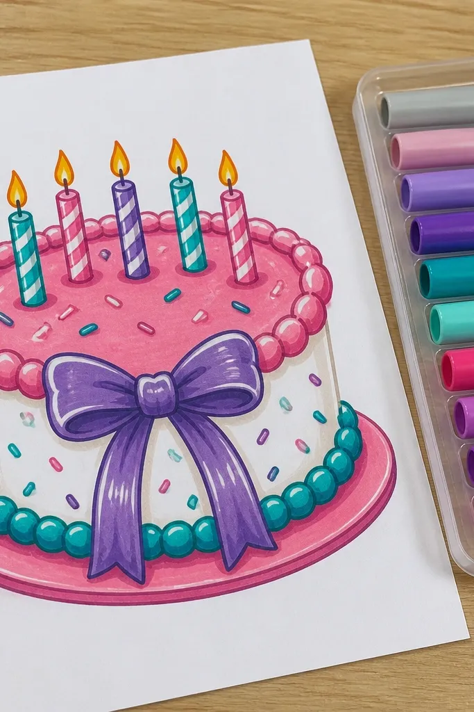Marker-style cake with bright colors and white highlight gaps on frosting