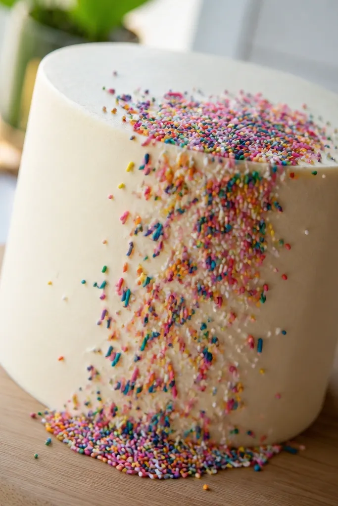 Cake with sprinkles falling in a cascade down one side