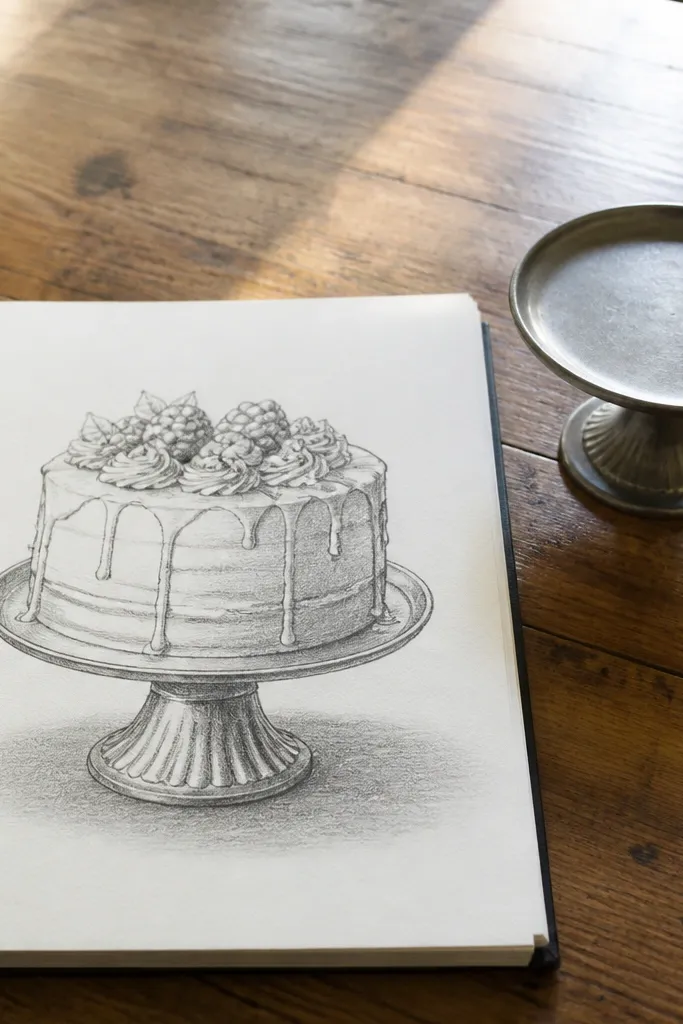 Cake on a stand with a soft oval shadow under the plate