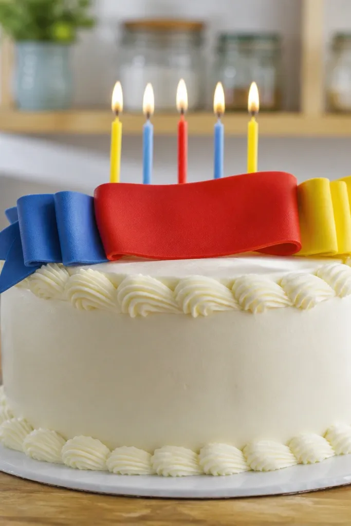 Cake with a ribbon banner reading birthday shapes and small flags