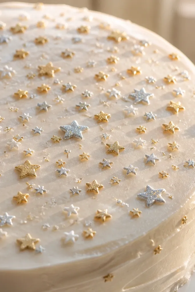 Cake with star-shaped confetti sprinkles and small sparkle highlights