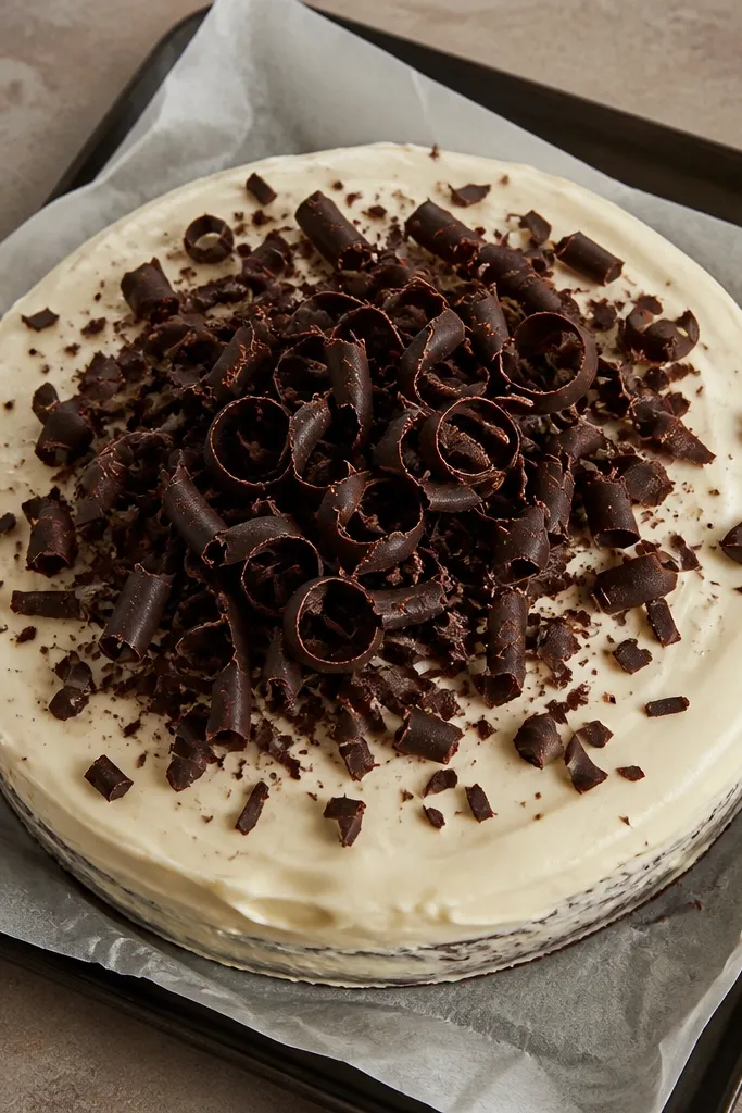 Cake with curled chocolate shavings piled on the top frosting