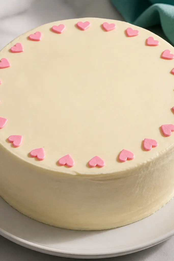 Cake with a border of small heart sprinkles along the top edge