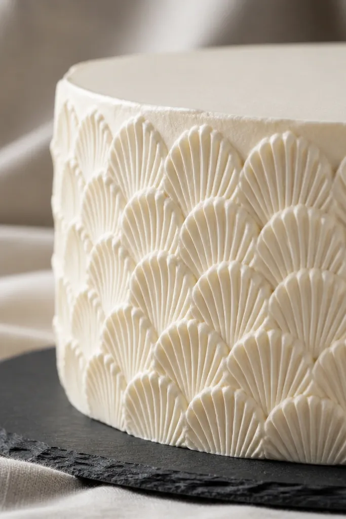 Cake with frosting shell pattern on the sides and a smooth top edge
