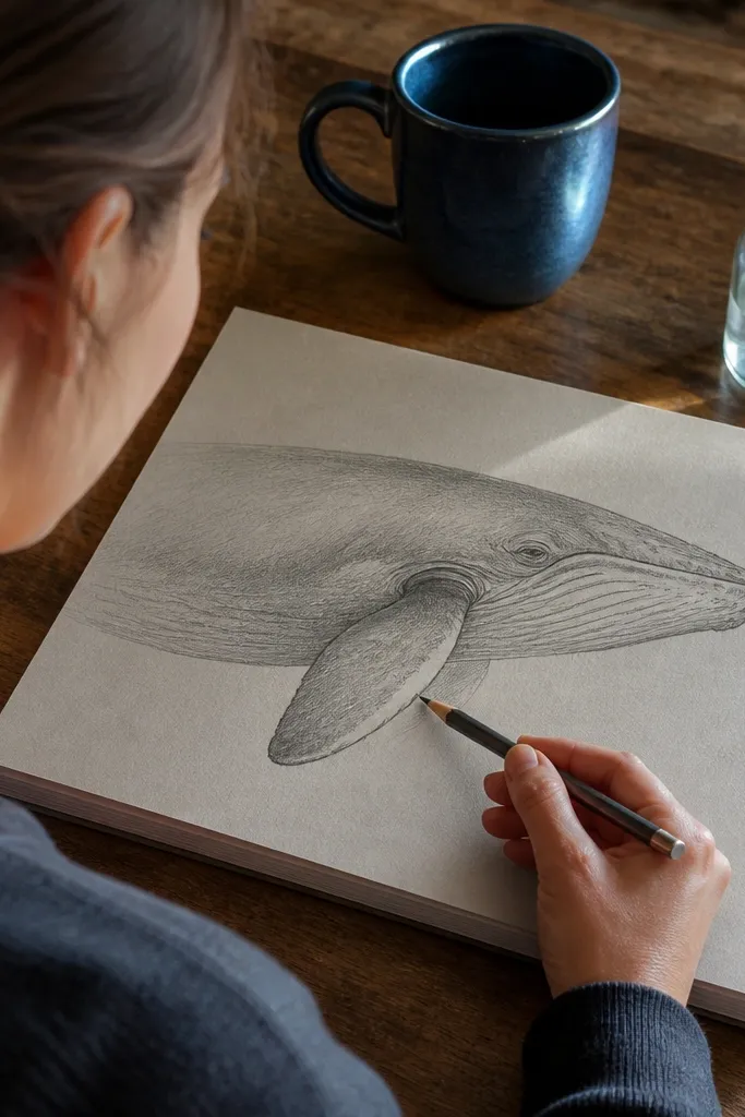 Tilted oval pectoral fin guide attached to the side of a shark body sketch