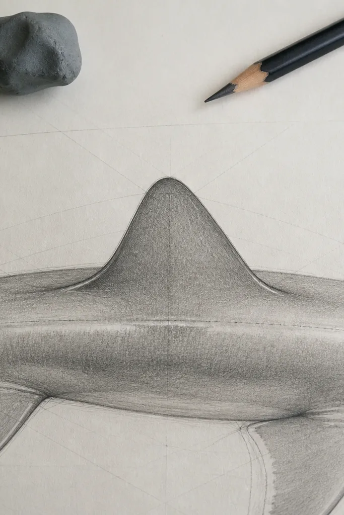 Light triangular dorsal fin guide aligned with the shark's spine centerline