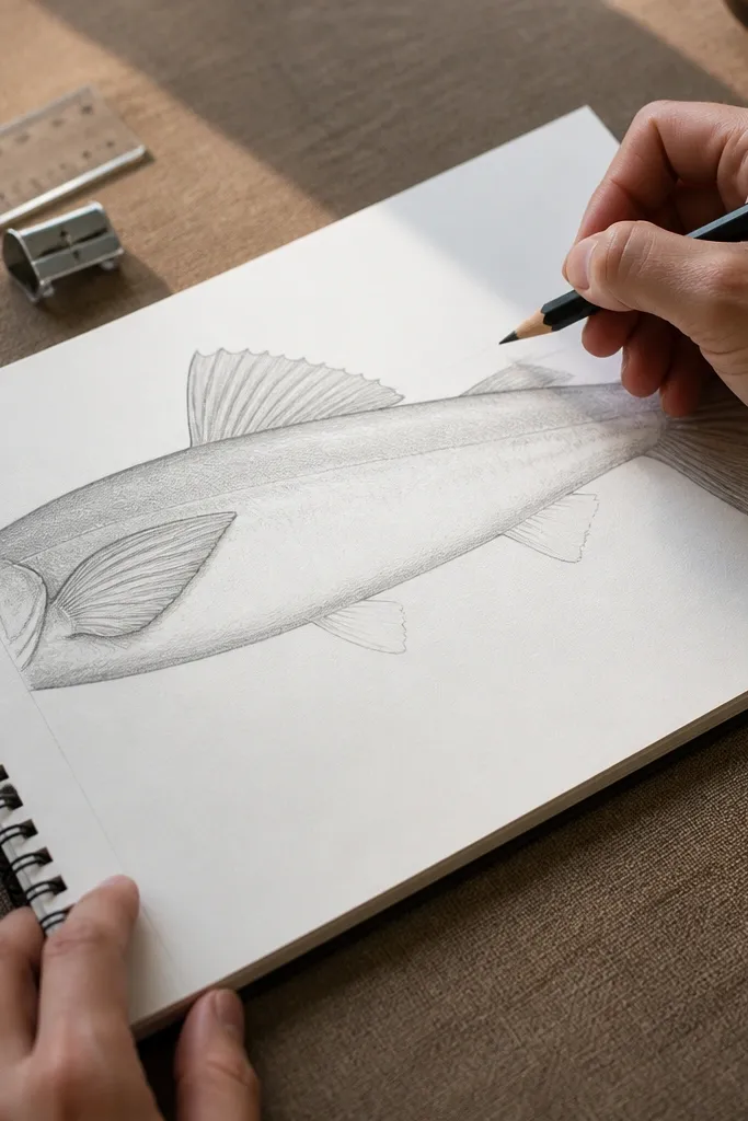 Small fin placement marks on the belly side with light guide lines