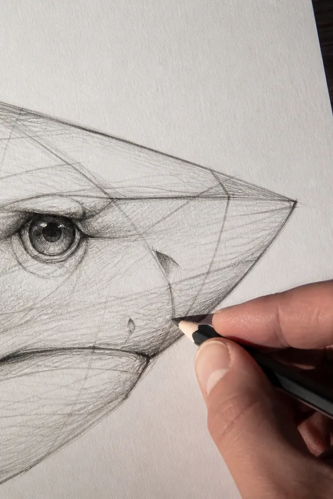 Eye placement guide with eyelid ridge and a small dark corner beneath it