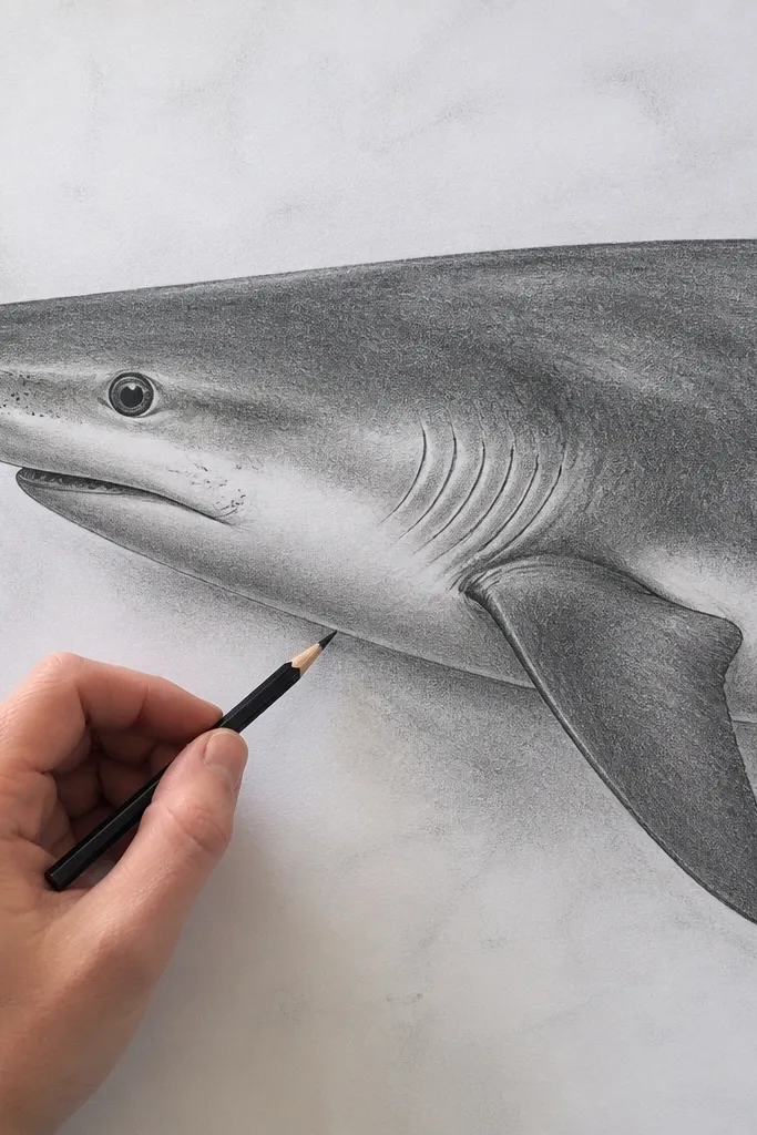 Curved gill line marks under the side of the head with light shading