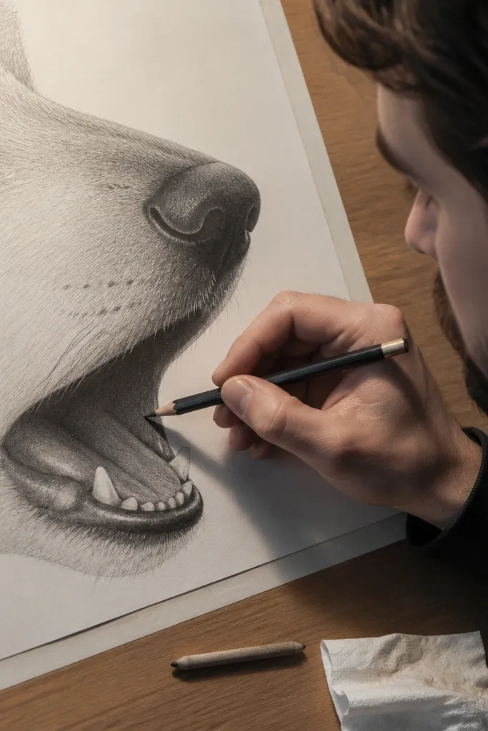 Light mouth corner dot and a curved lower jaw line with a shaded mouth interior
