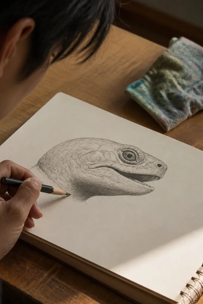 Shadow under lower jaw and a curved neck fold line fading into body