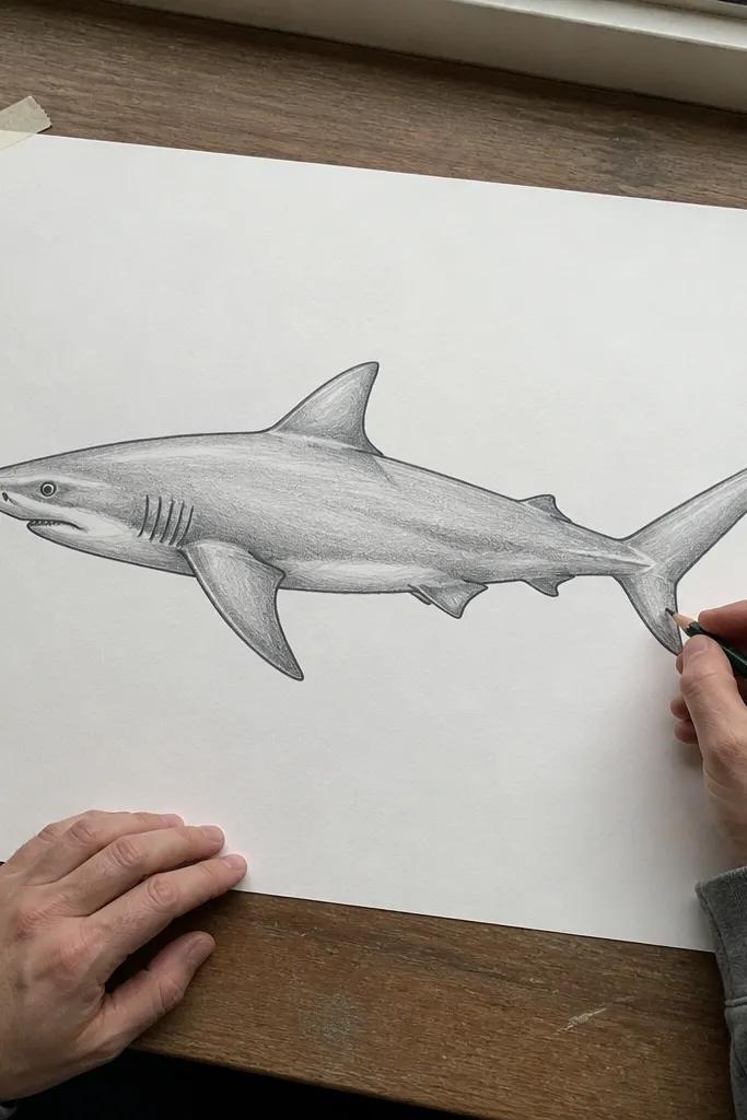 Cleaned shark side contour line with erased construction marks around it