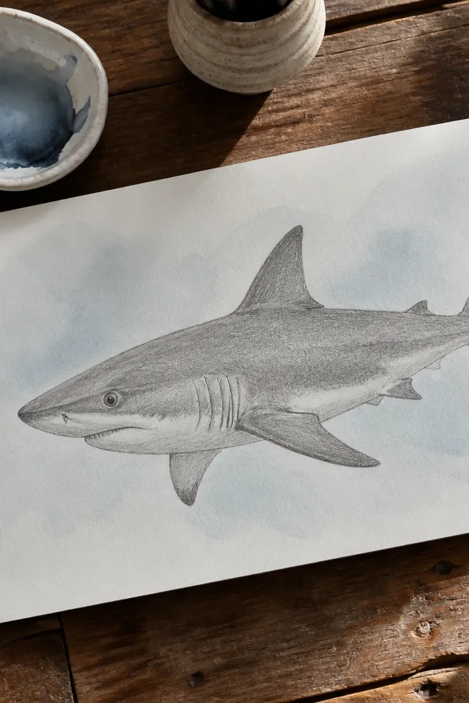 Light gray-blue wash behind the shark with clean pencil silhouette in front