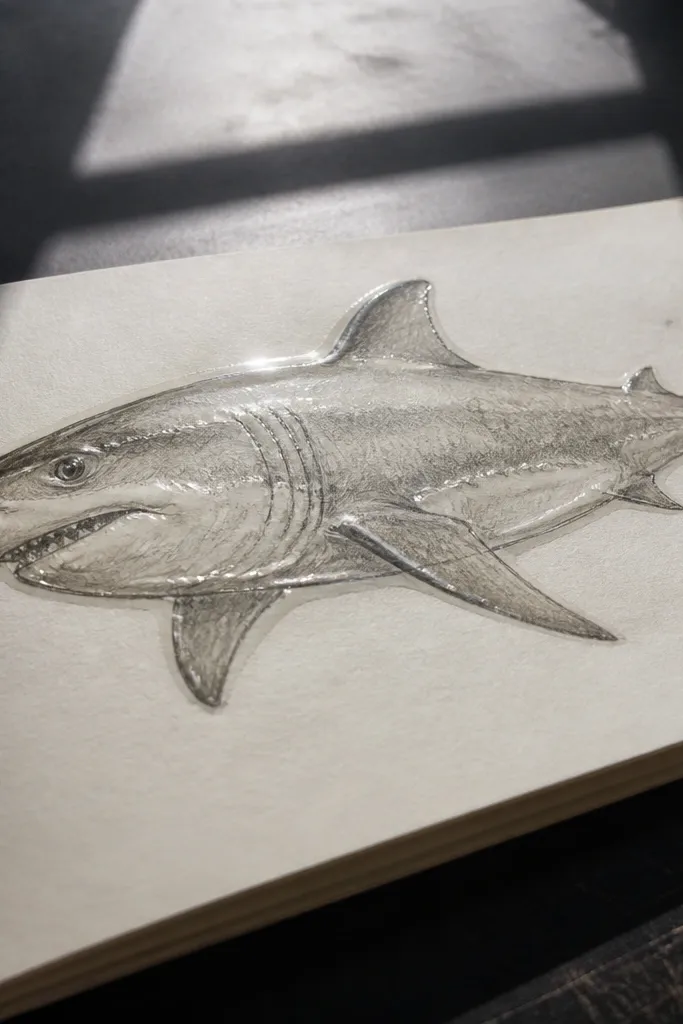 Glossy highlights that rake along the shark's body edges and fins