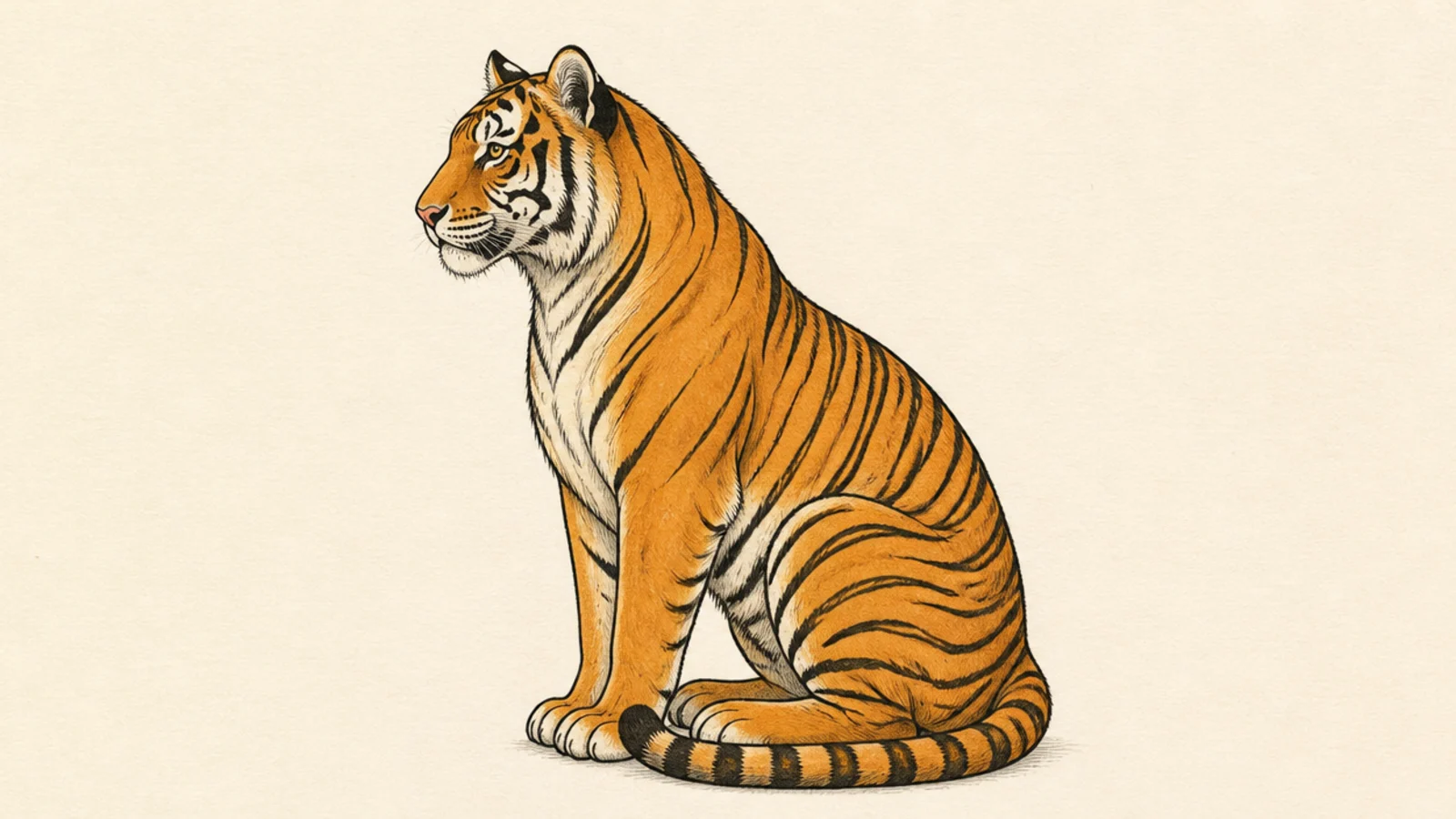 A simple tiger sitting upright in side view