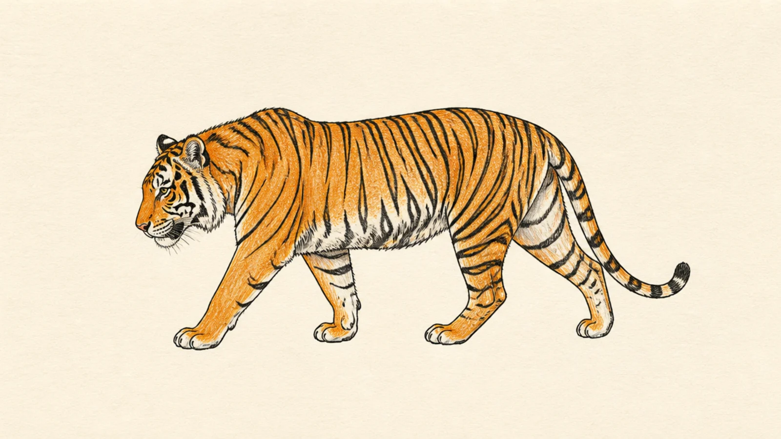 A simple tiger walking with legs mid-stride