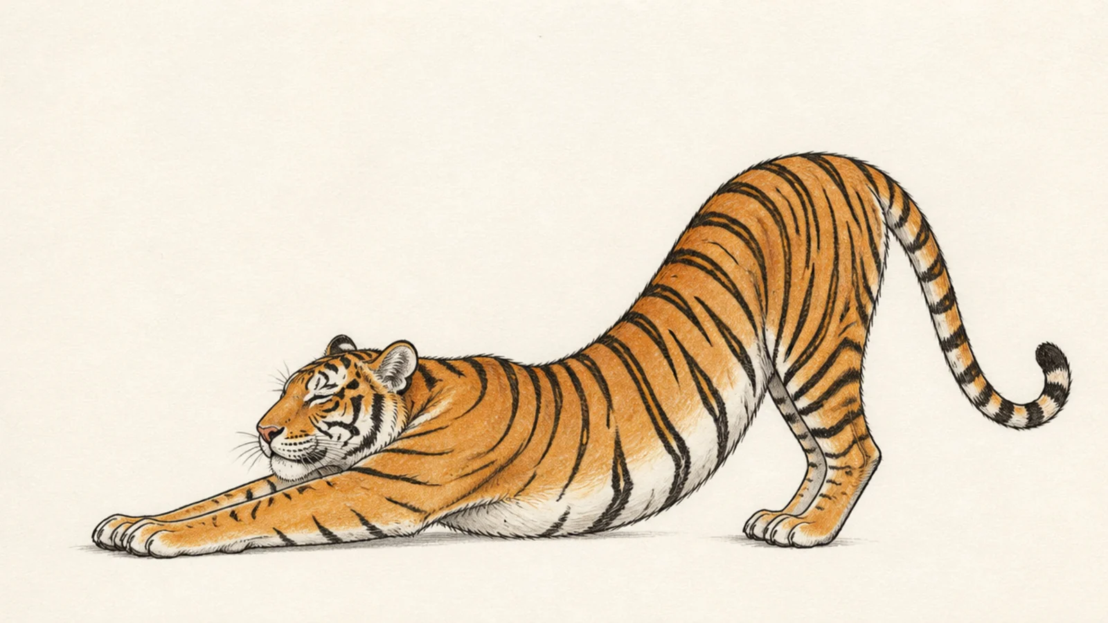 A simple tiger stretching with front legs forward and back arched