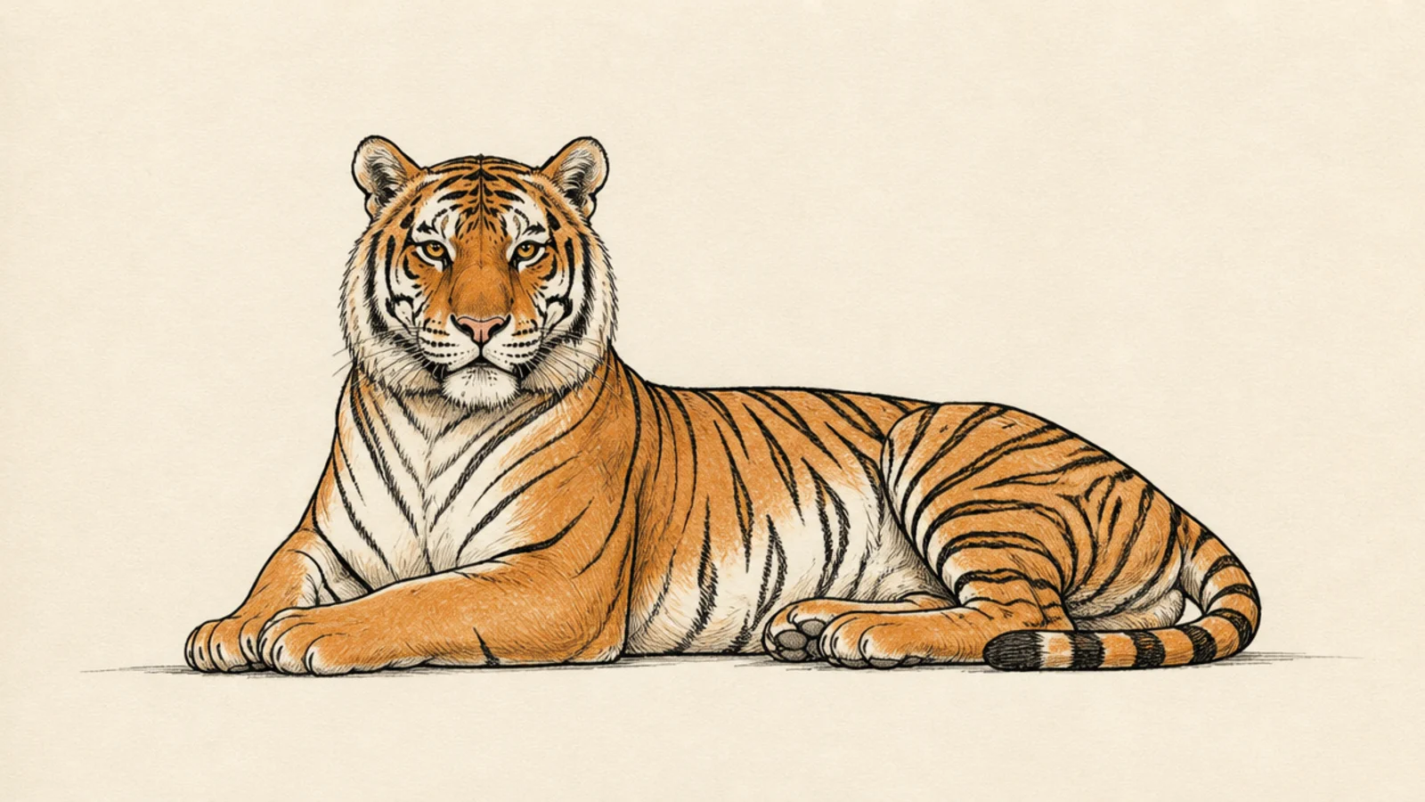 A simple tiger lying down with legs tucked and head up