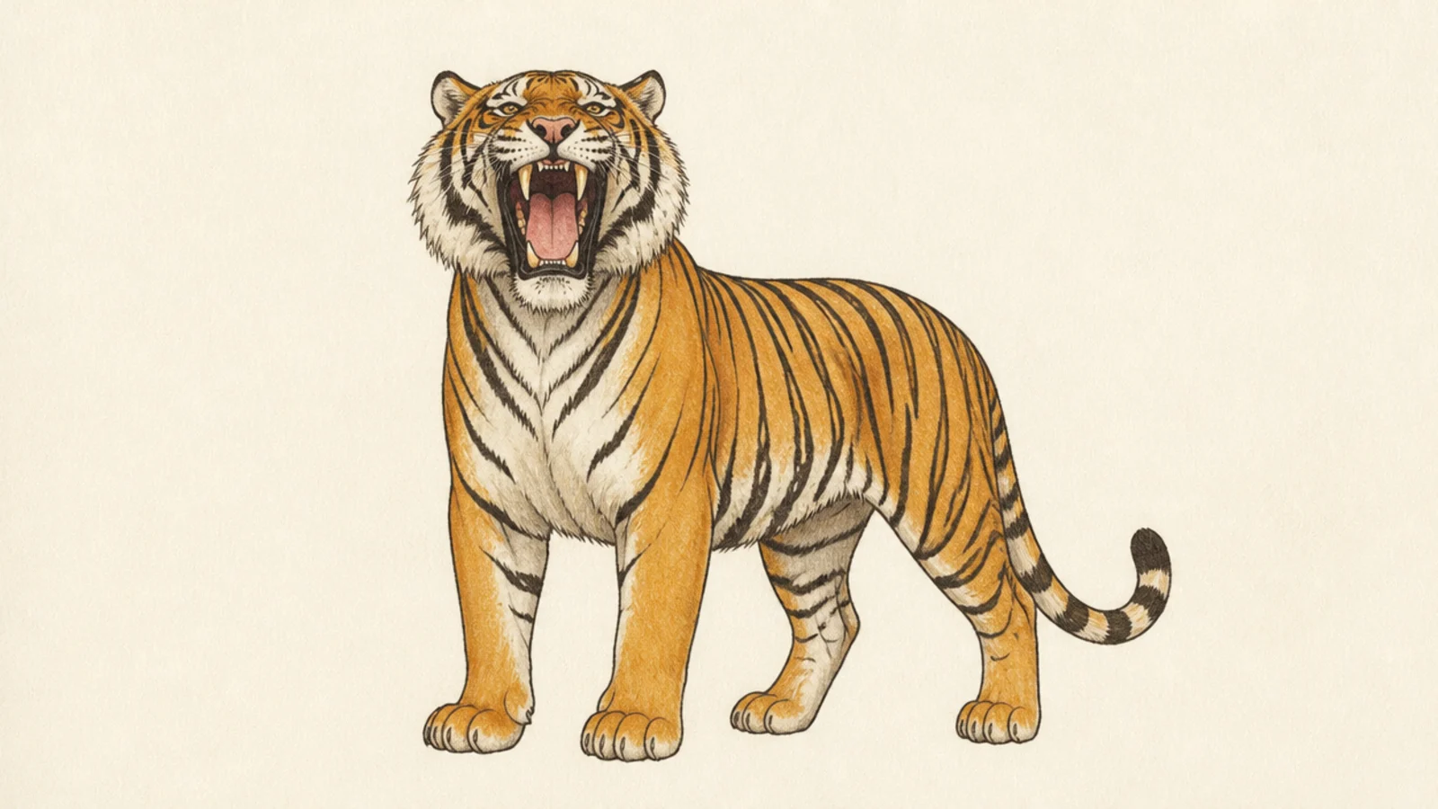 A simple standing tiger with an open roaring mouth
