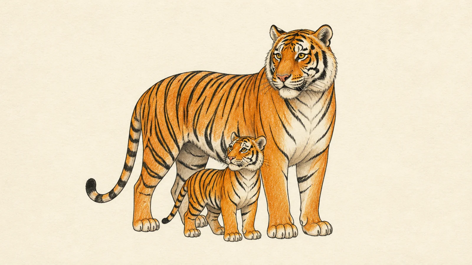 A big tiger and a small cub standing together