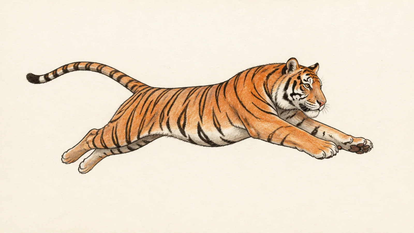 A simple tiger leaping through the air with legs extended
