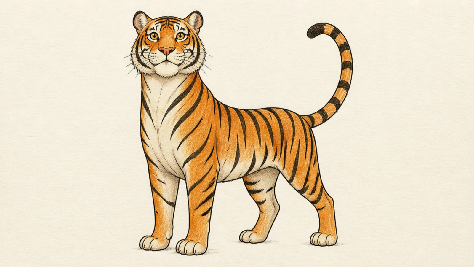 A simple standing tiger with head up and ears perked