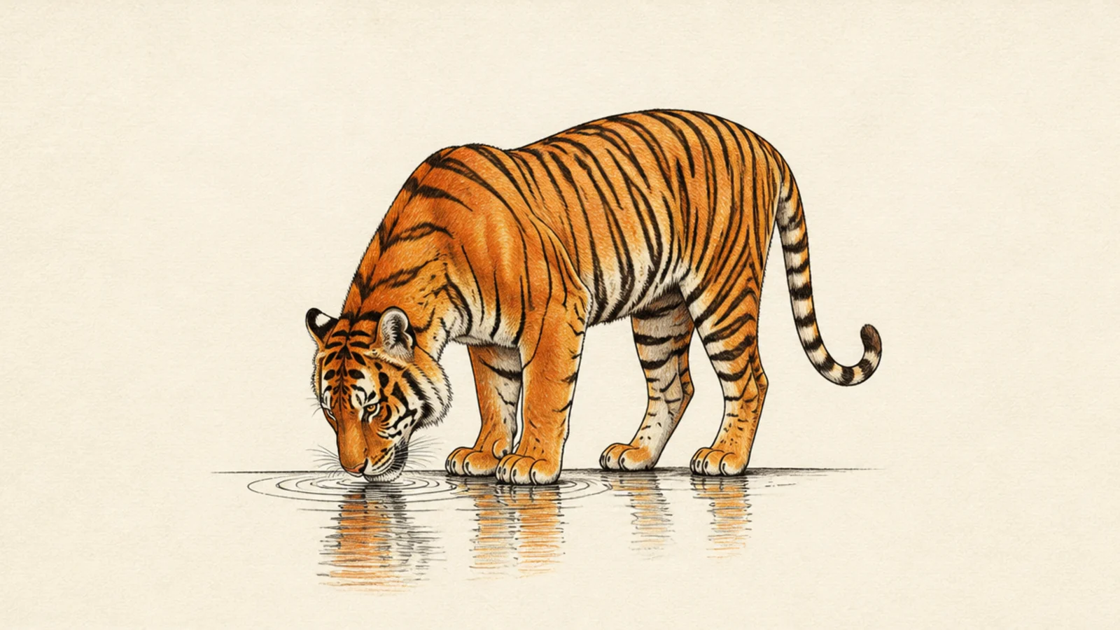 A simple tiger lowering its head to drink from water