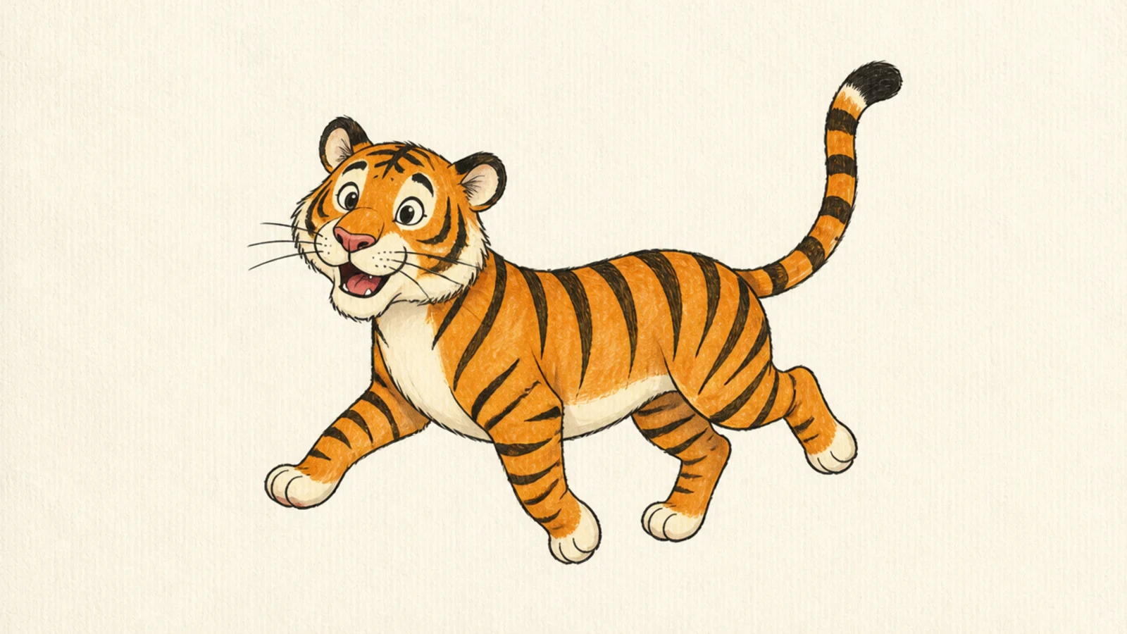 A simple cheerful tiger trotting with a bouncy step
