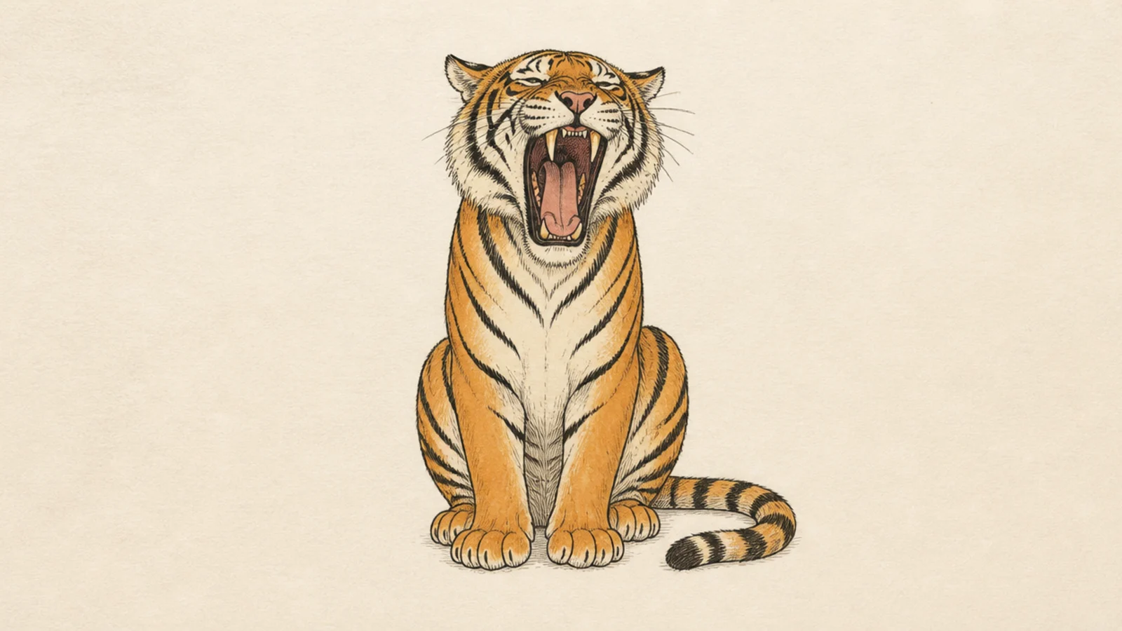 A simple sitting tiger with a big wide yawn