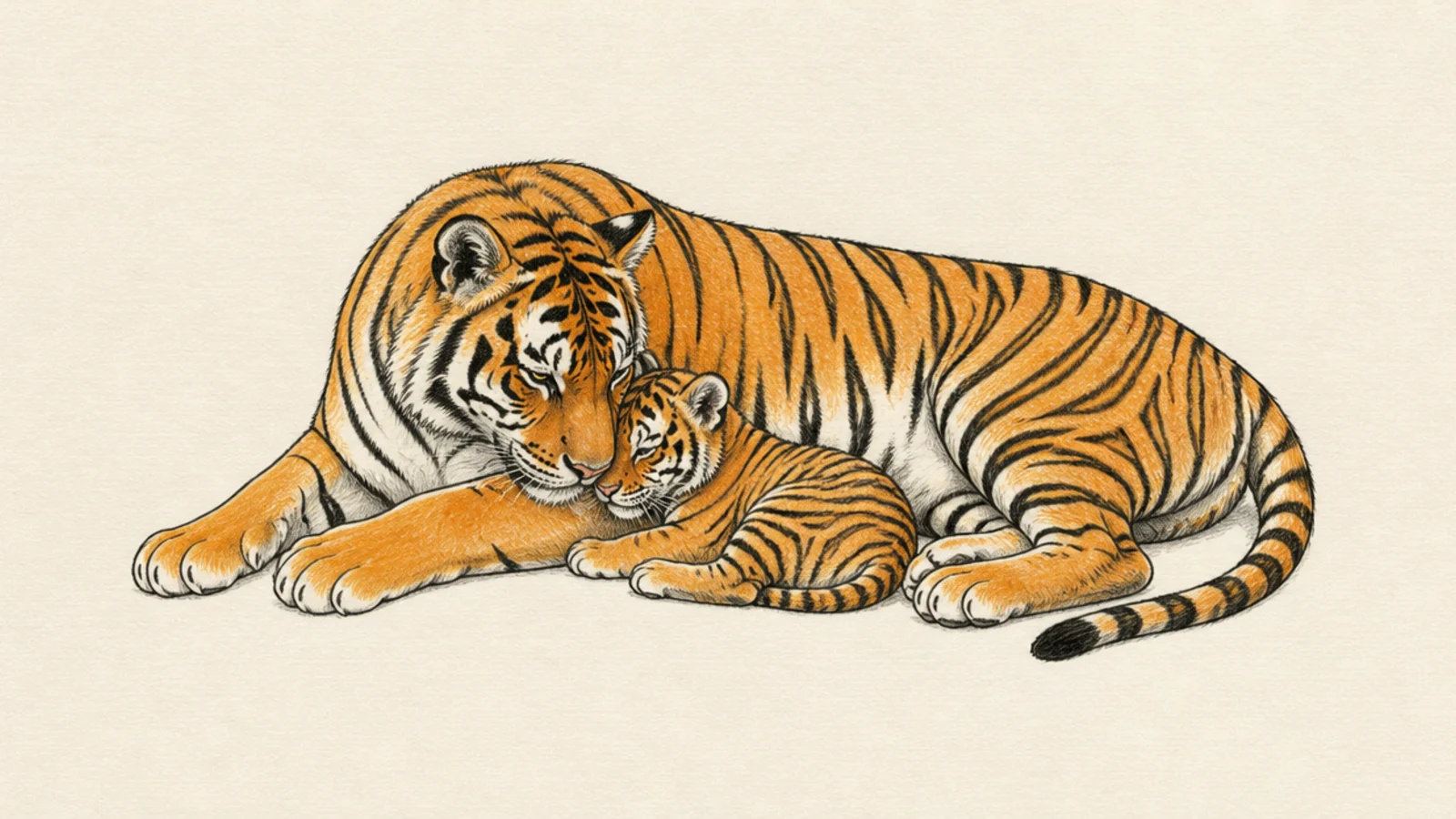 A simple tiger lowering its head to nuzzle a small cub