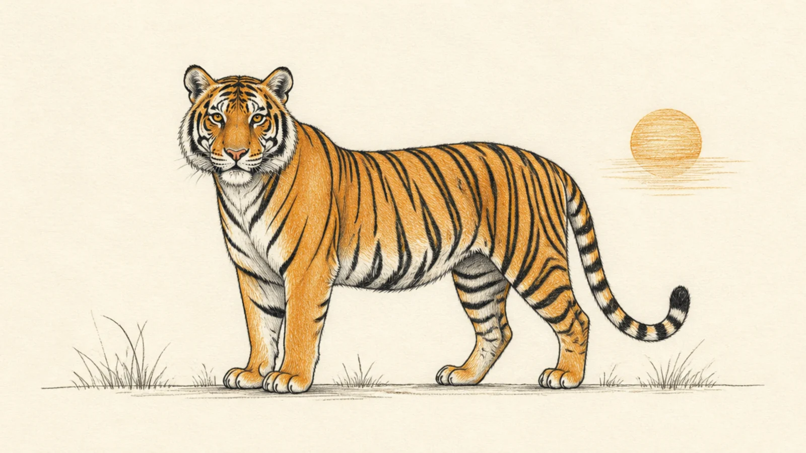 A simple tiger in a clean scene with grass and a sun