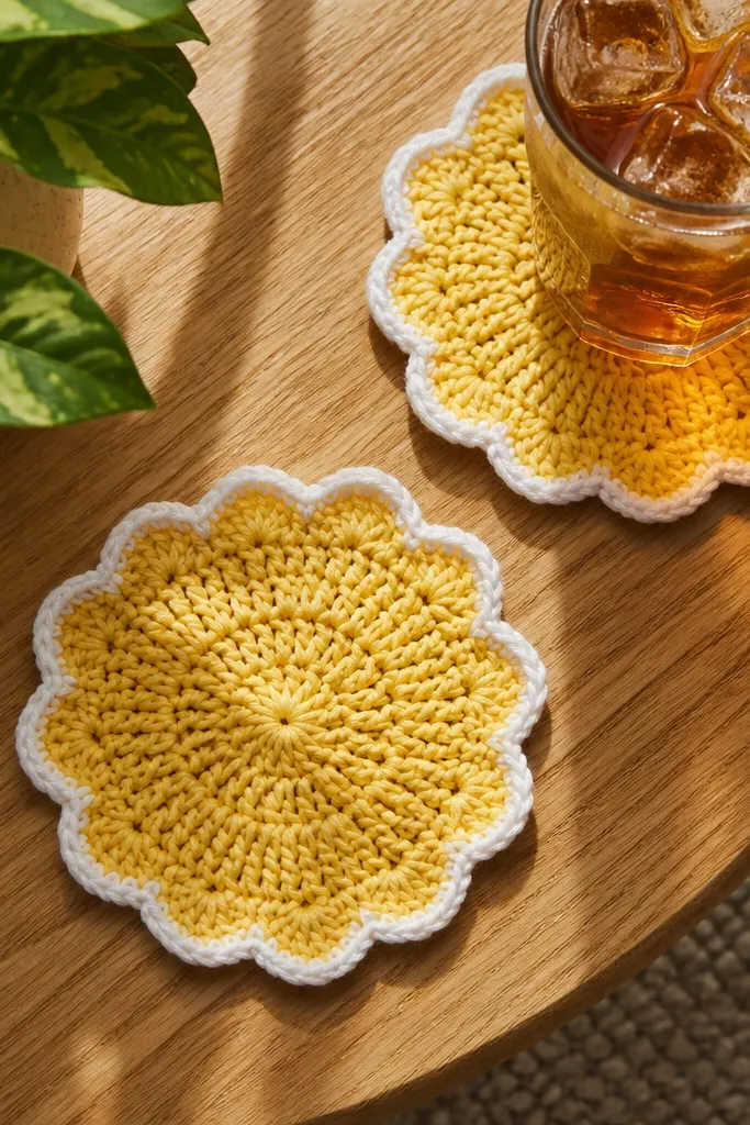 Yellow scalloped crochet coasters with a small white border