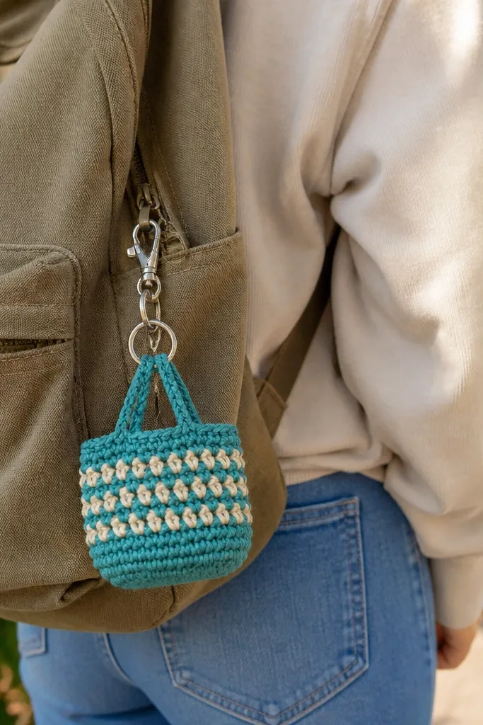 A small crocheted market bag keychain in two colors