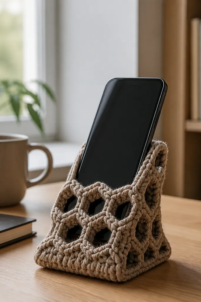 A small crocheted phone stand with a honeycomb pattern in beige
