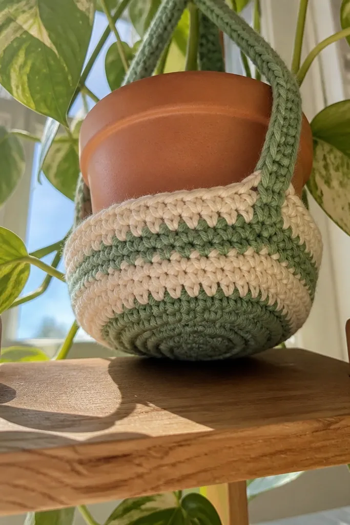 A small two-tone hanging crochet coaster with a loop top