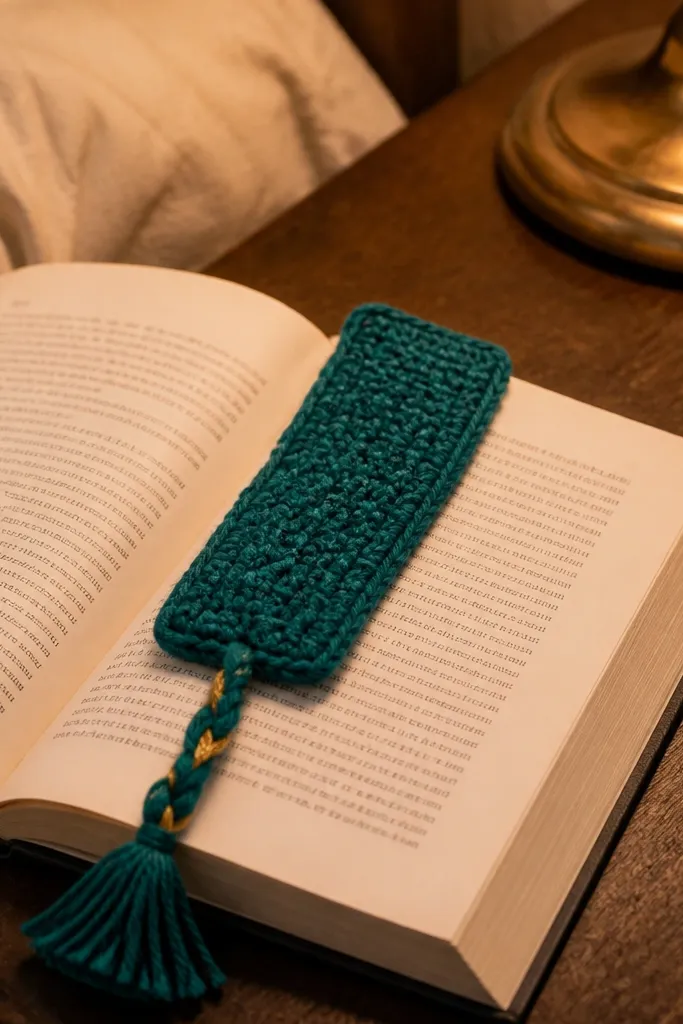 A thin crocheted bookmark with a braided tassel in teal and gold