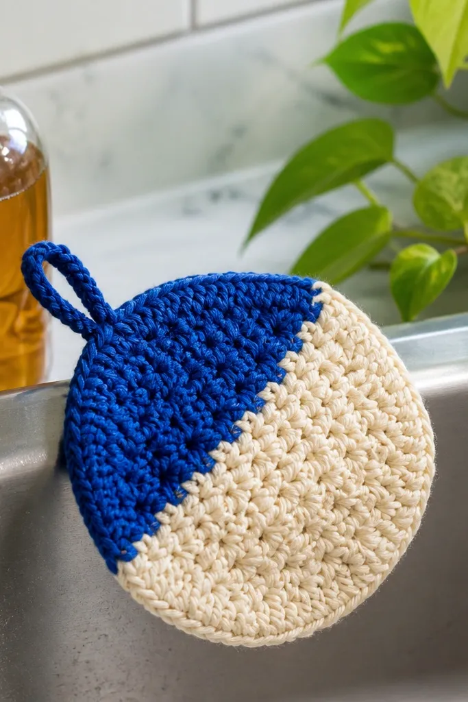 A square crochet scrubbie with bold color blocks and a small loop