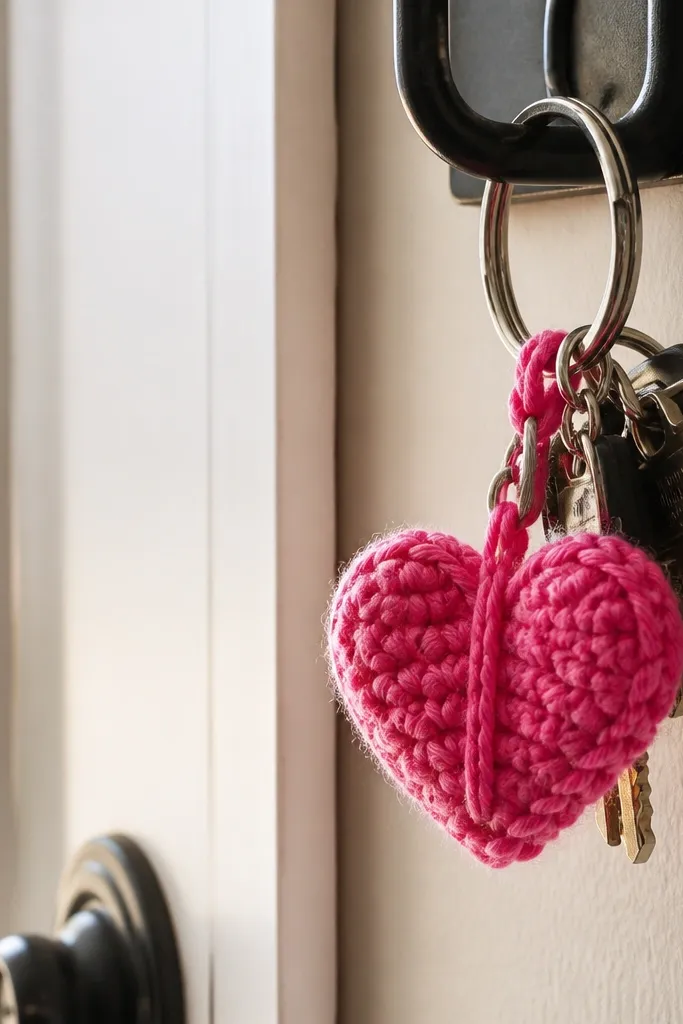 A small crocheted heart keychain in pink with a stitched seam