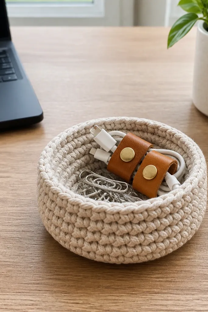 A tiny coiled crochet basket in gray for paper clips