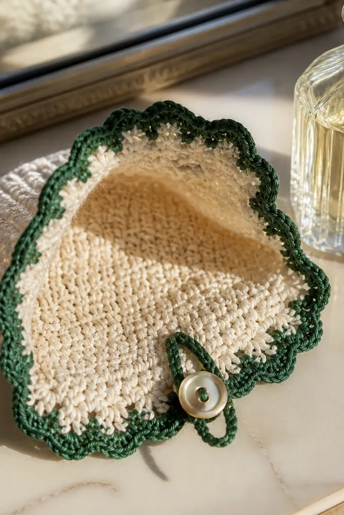 A small crochet pouch with lace border and a button loop closure