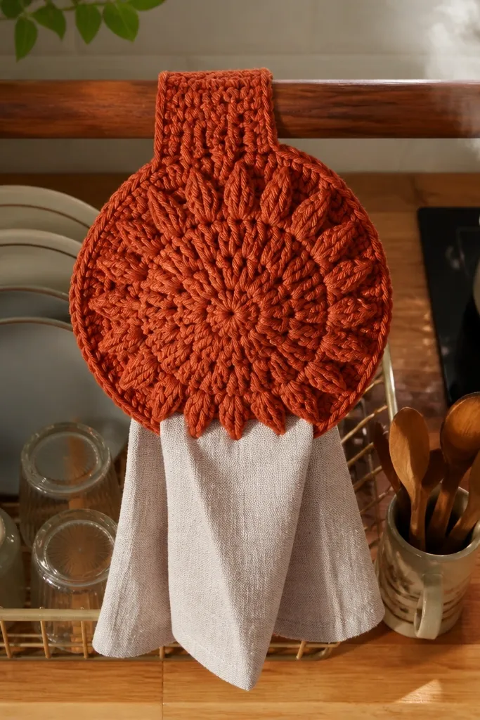 A small crochet towel holder with puff stitch sunburst texture