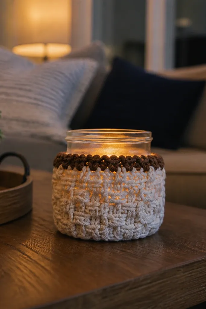 A small crocheted cozy around an 8oz candle jar with a basket weave texture