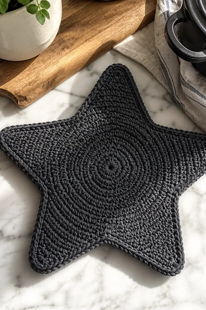 A flat star-shaped crocheted hot pad in teal