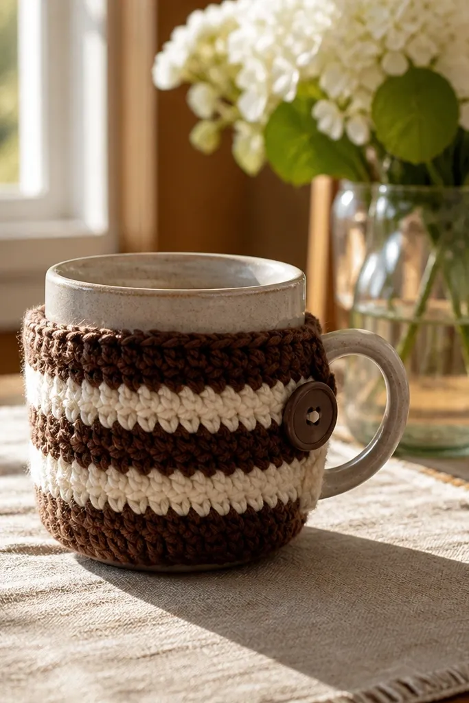 A striped crochet mug cozy with a small button strap