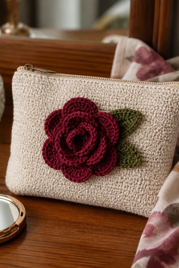 A small pouch with a crocheted rose motif sewn on the front
