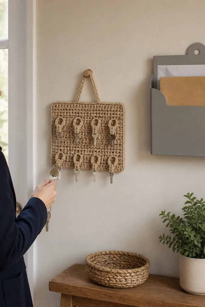 A small wall key holder with three crochet loops in a neat row